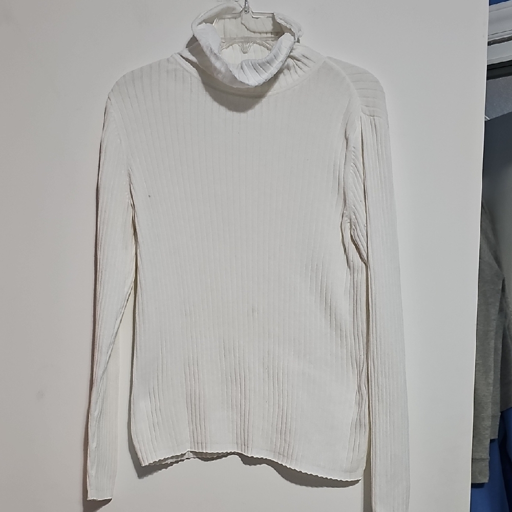 Kim Rogers Classic White Cowl Neck Ribbed Sweater 100% Cotton Sz Large